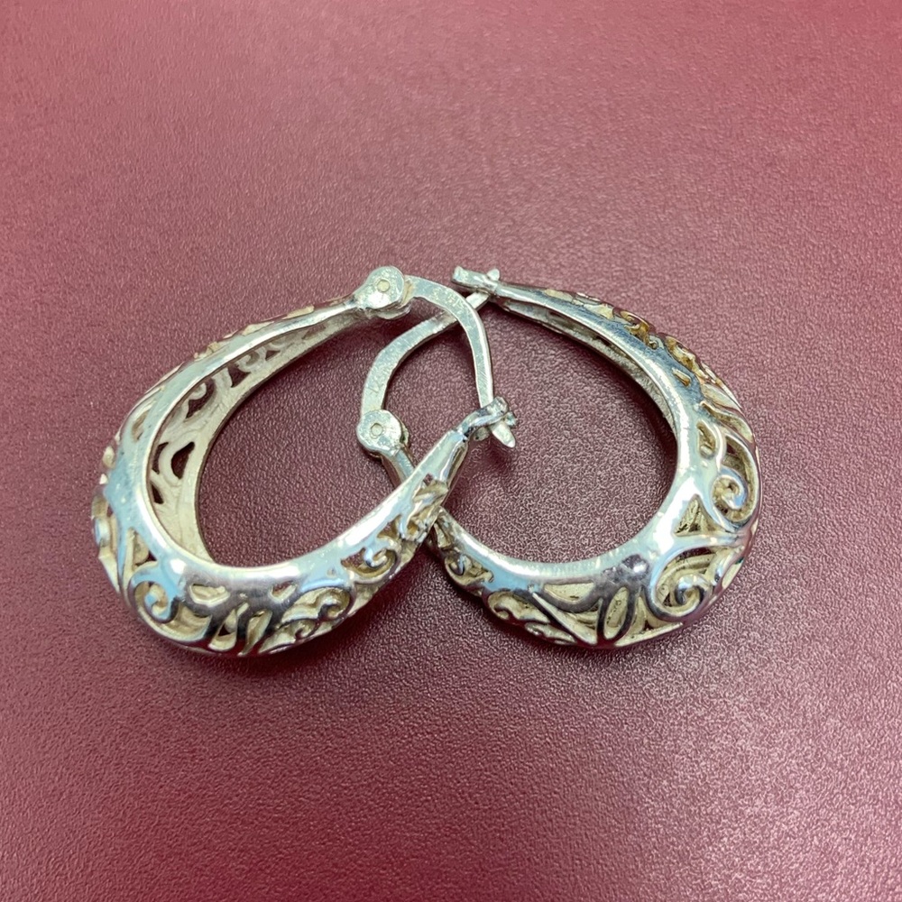 New .925 Sterling Silver Filigree Oblong Hoop Earrings